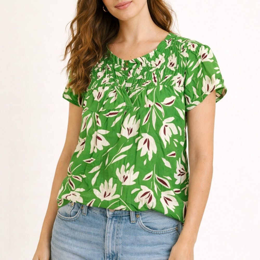 NEW Daniel Rainn Women Lovely Green Floral Leaf Print Bernal Split Neck Blouse